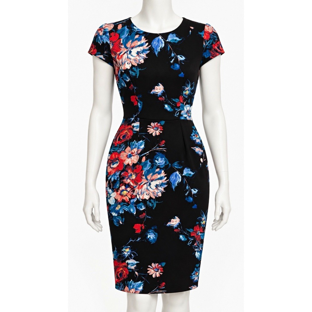 BETSY JOHNSON Women's Floral Dress Black Round Neck Short Sleeve Size 4